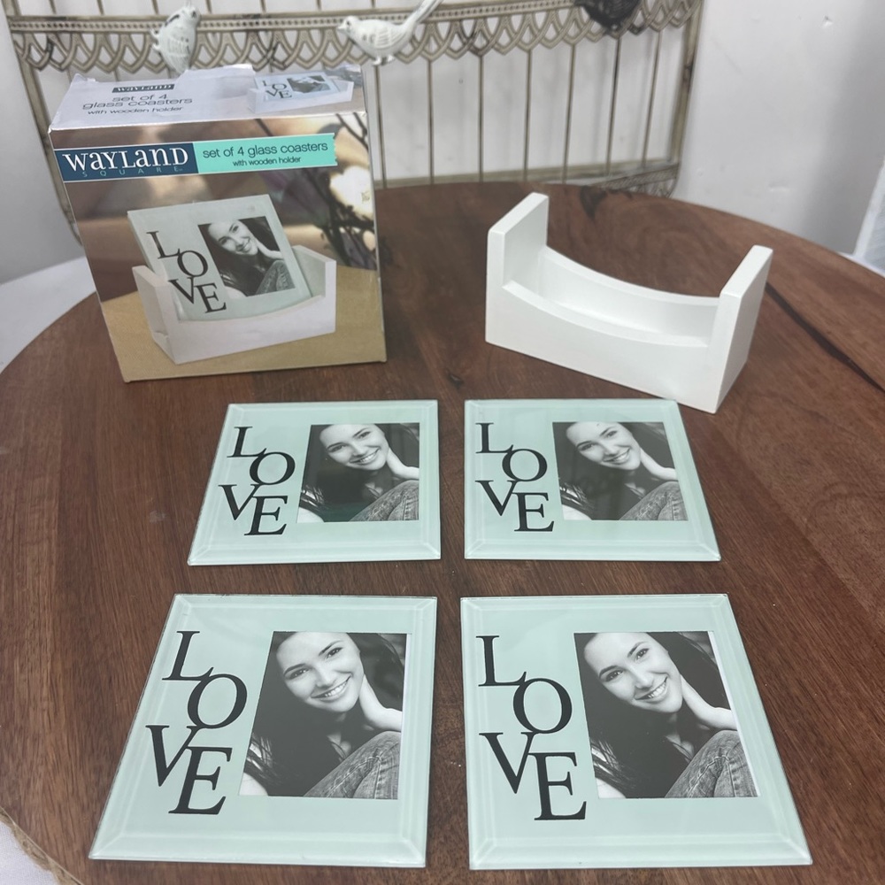 Wayland square.set of 4 glass coasters with wooden holder.